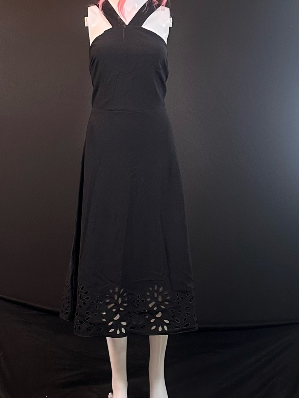 Boston Proper Black Sleeveless Midi Dress with Laser-Cut Hem Detail